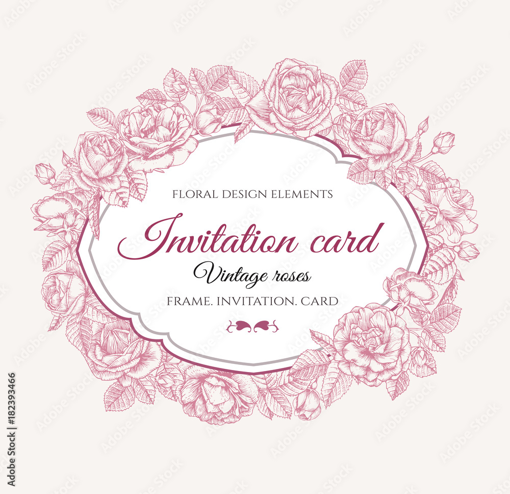 Vector floral frame with red and pink roses in vintage style. Invitation card with hand drawn flowers 
