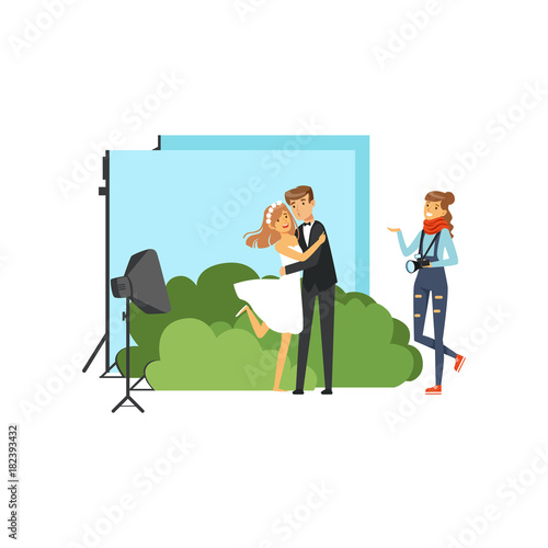 Romantic pre wedding photo shoot in studio with colorful decorations. Lovers couple. Young girl photographer with camera in hand. Flat vector people characters
