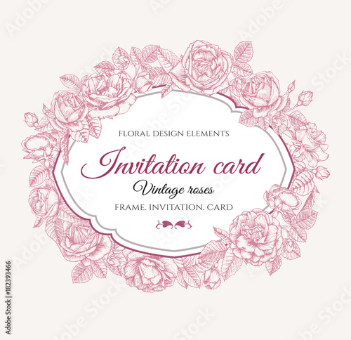 Vector floral frame with red and pink roses in vintage style. Invitation card with hand drawn flowers 