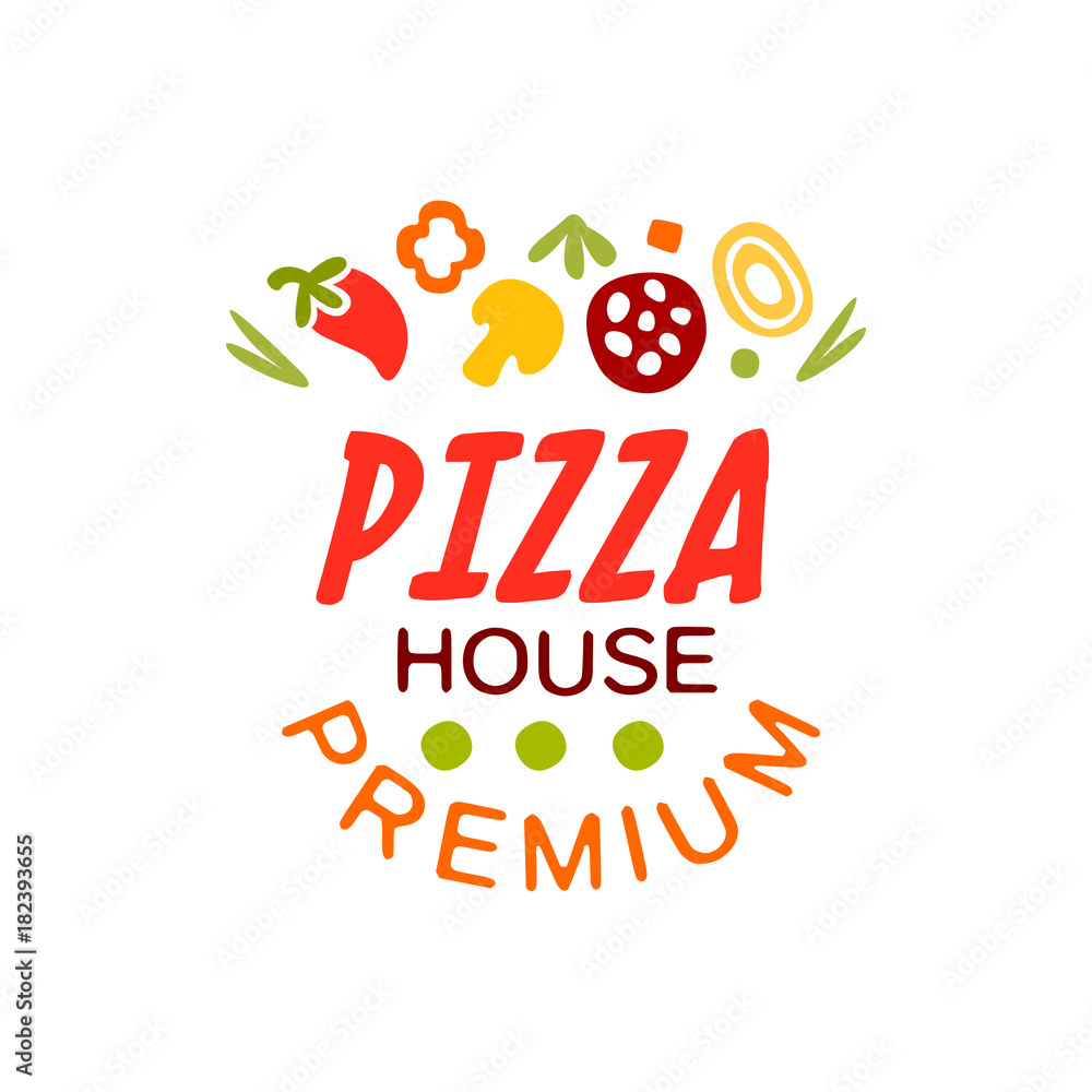 Flat pizza house logo creative design element with pizza slice. Emblem for cafe menu, food