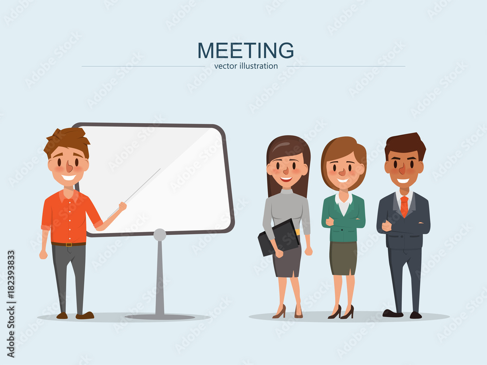 Business daily stand up meeting with white board. Vector illustration of scrum business meeting. Business daily stand up meeting with white board. Vector illustration of scrum business meeting.