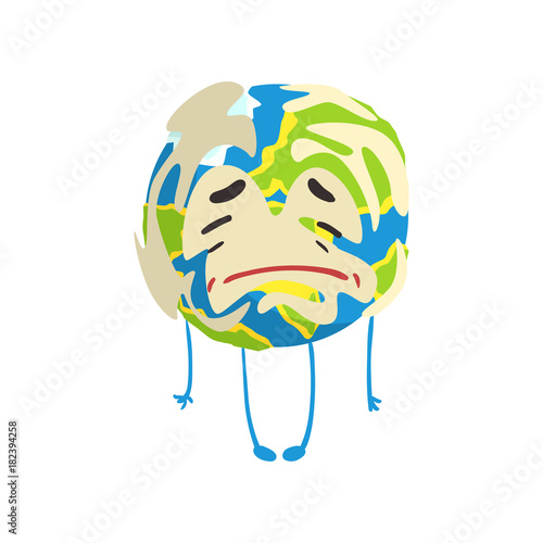 Sad cartoon Earth planet character crying  funny globe emoji vector Illustration