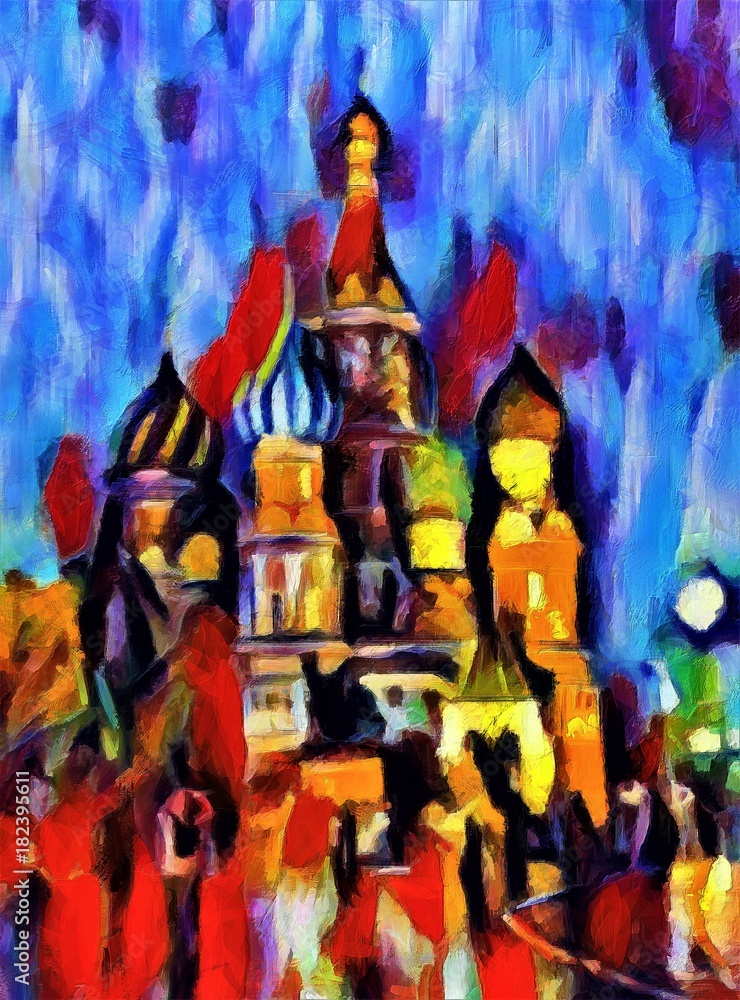St. Basil's Cathedral in the evening. Large size modern wall art oil painting on canvas. Colorful abstract impressionism artwork.