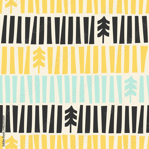 Mid-Century Modern illustrated Christmas Pattern. Seamless Holiday Pattern with handmade Xmas Trees illustrations inspired on the Fifties.