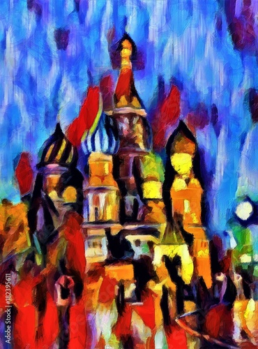 St. Basil s Cathedral in the evening. Large size modern wall art oil painting on canvas. Colorful abstract impressionism artwork.