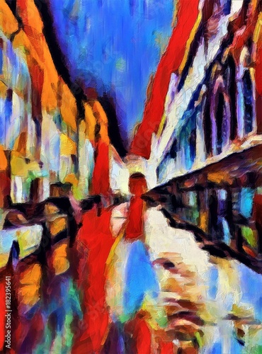 View of the old street during the rain. Large size modern wall art oil painting on canvas. Colorful abstract impressionism artwork.