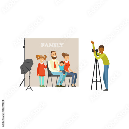 Family photo shoot in studio. Happy father, mother, daughter and little son looking into camera. Cartoon vector of flat people characters. Professional equipment backdrop and reflective umbrella