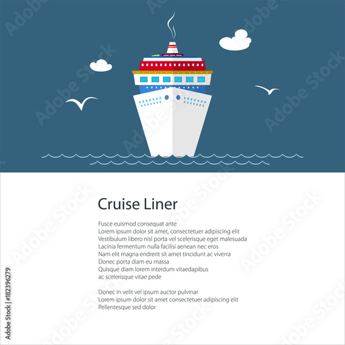 Poster with Cruise Ship , Liner at Sea and Text, Travel Concept , Brochure Flyer Design, Vector Illustration