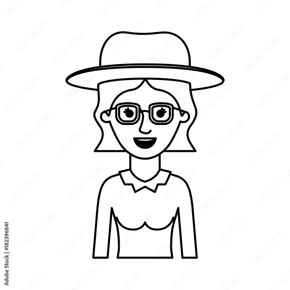 woman half body with hat and glasses with blouse long sleeve and short wavy hair in monochrome silhouette vector illustration