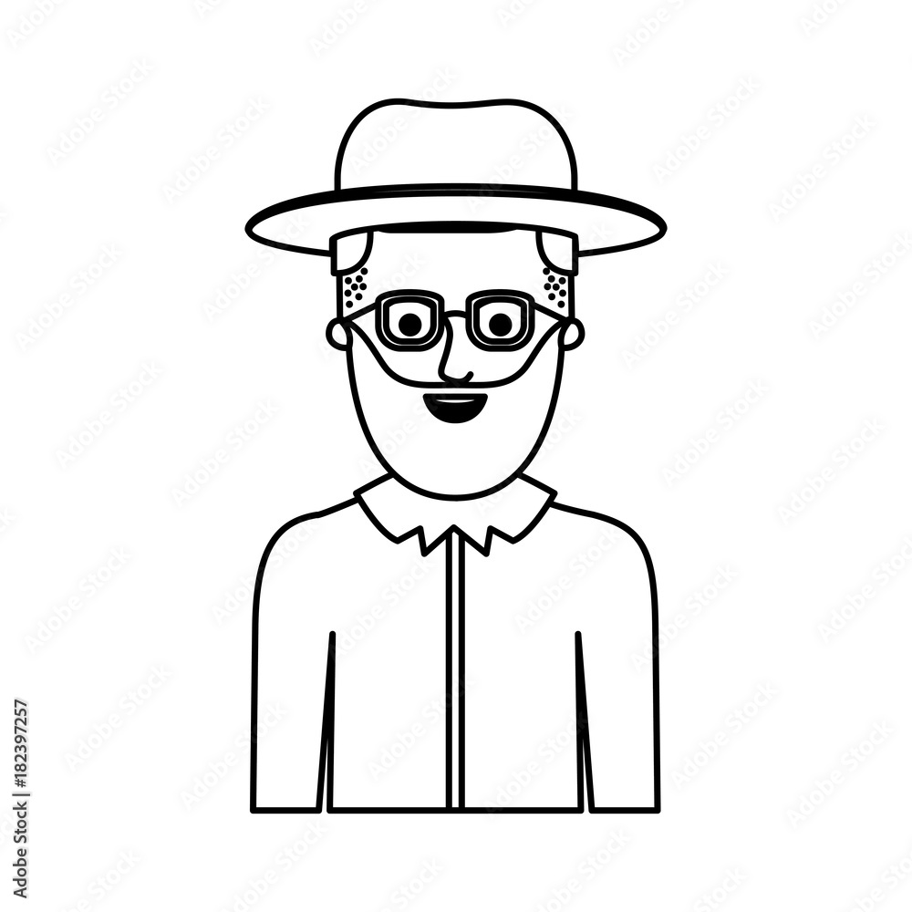 man half body with hat and glasses and shirt with short hair and beard in monochrome silhouette vector illustration