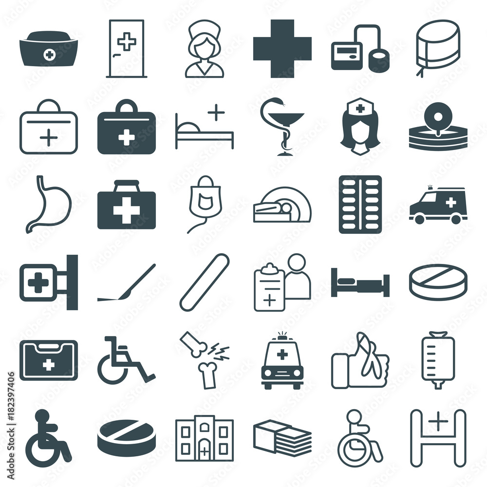 Set of 36 hospital filled and outline icons