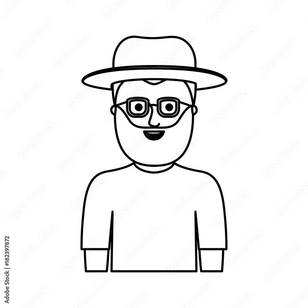 man half body with hat and glasses and t-shirt with full beard in monochrome silhouette vector illustration