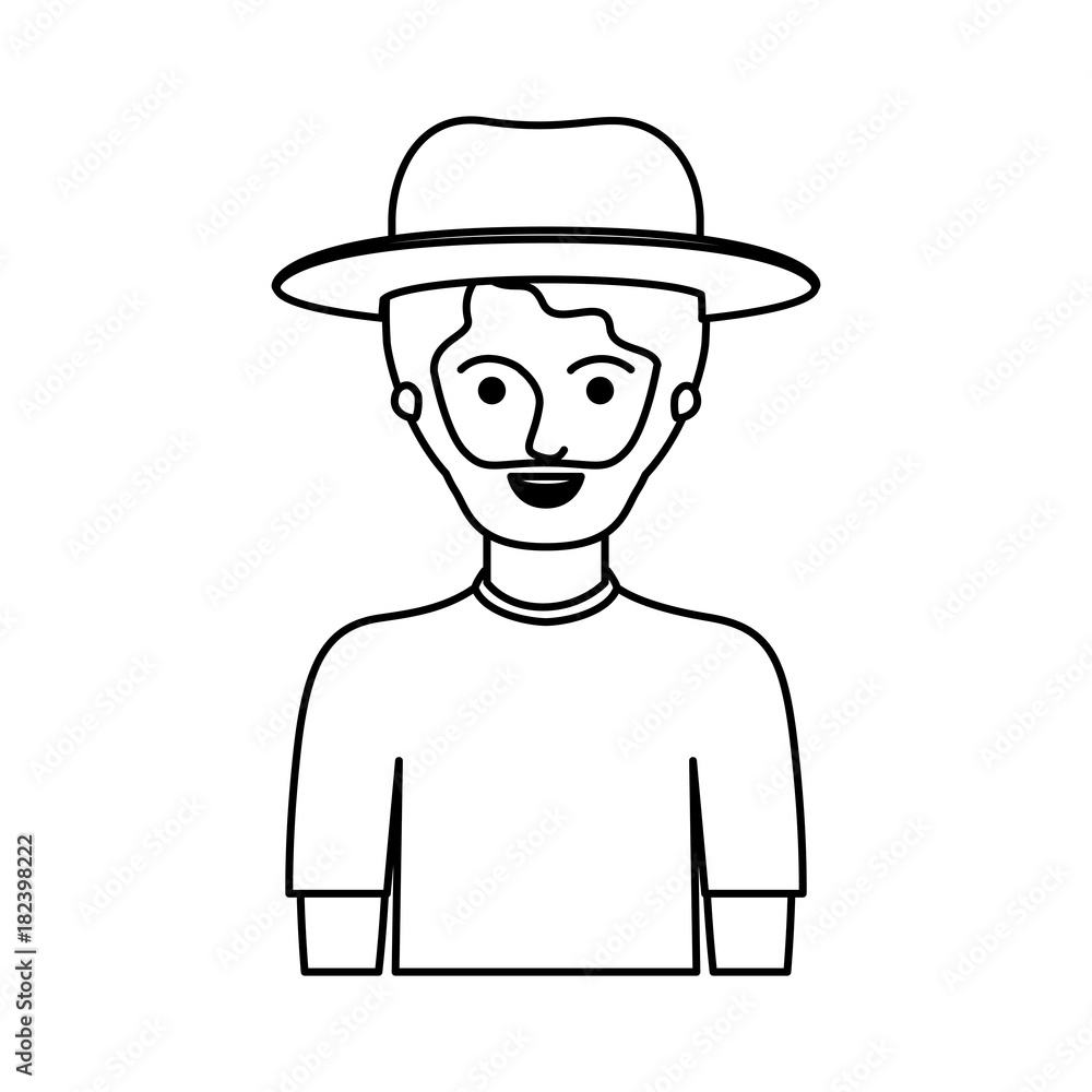 man half body with hat and t-shirt with short hair and beard in monochrome silhouette vector illustration man half body with hat and t-shirt with short hair and beard in monochrome silhouette vector illustration