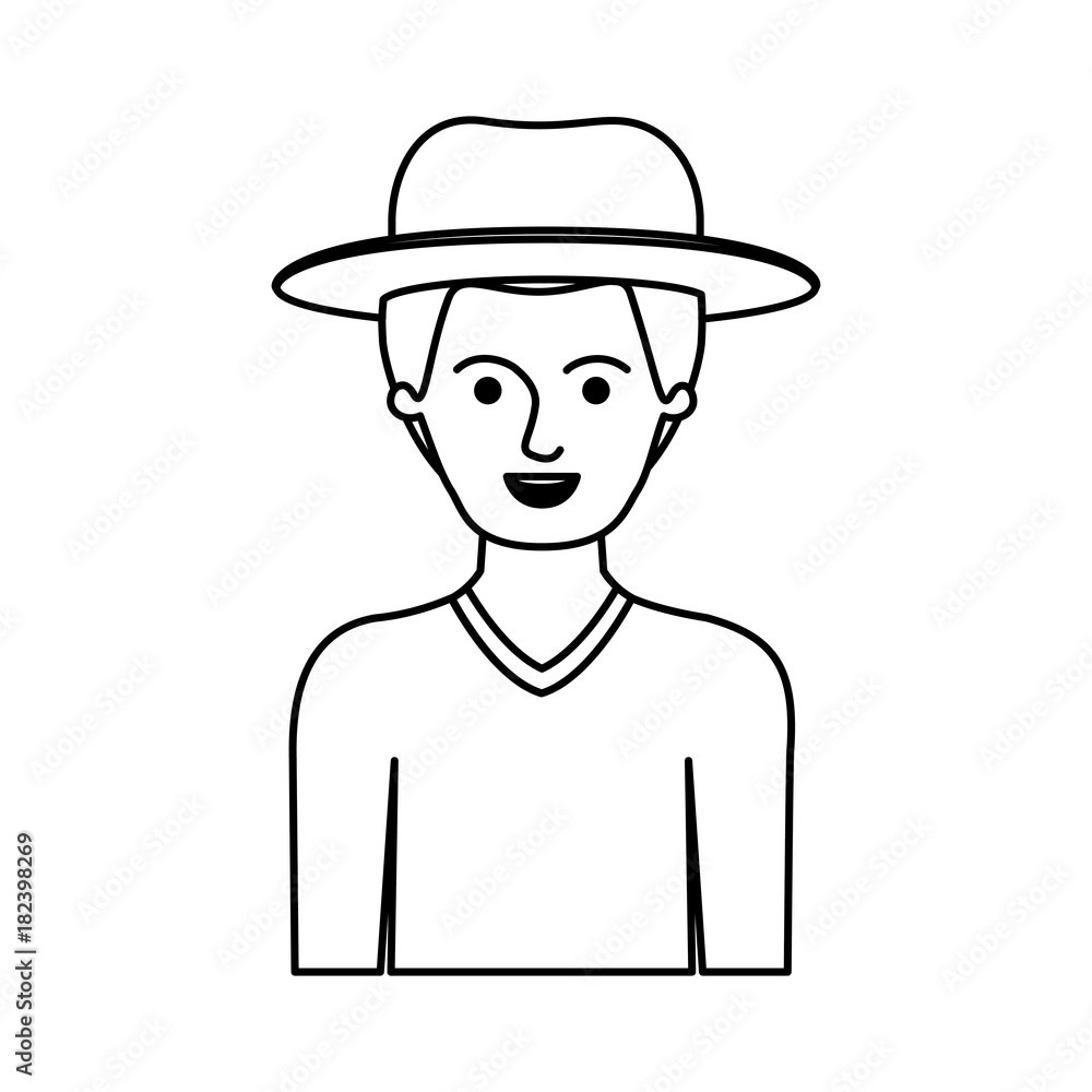 man half body with hat and sweater with short hair in monochrome silhouette vector illustration
