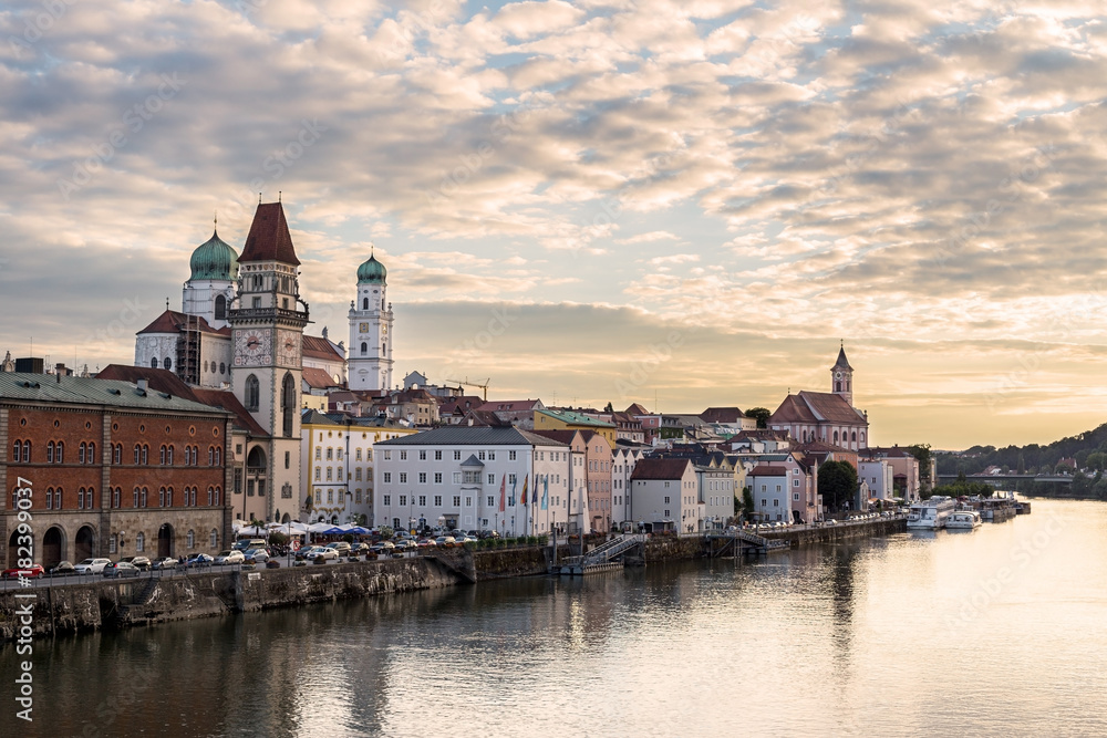 Panoramic image of Passau, Germany during sunset
