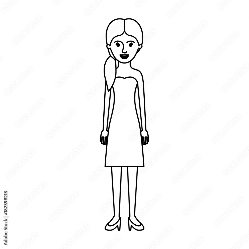 woman full body with strapless dress and heel shoes with pigtail hairstyle in monochrome silhouette vector illustration