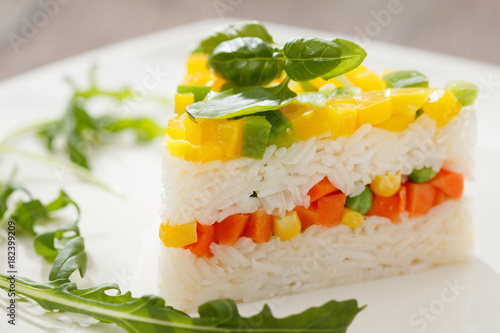Vegetarian food, rice salad with vegetables, healthy meals