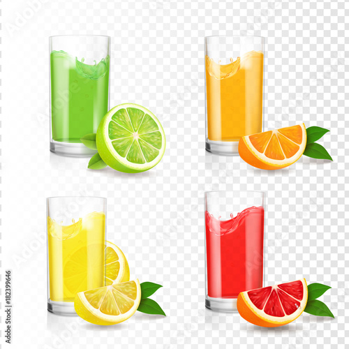 Fresh citrus juice in glass. Orange, lemon, lime, grapefruit drink. Realistic transparent set vector illustration