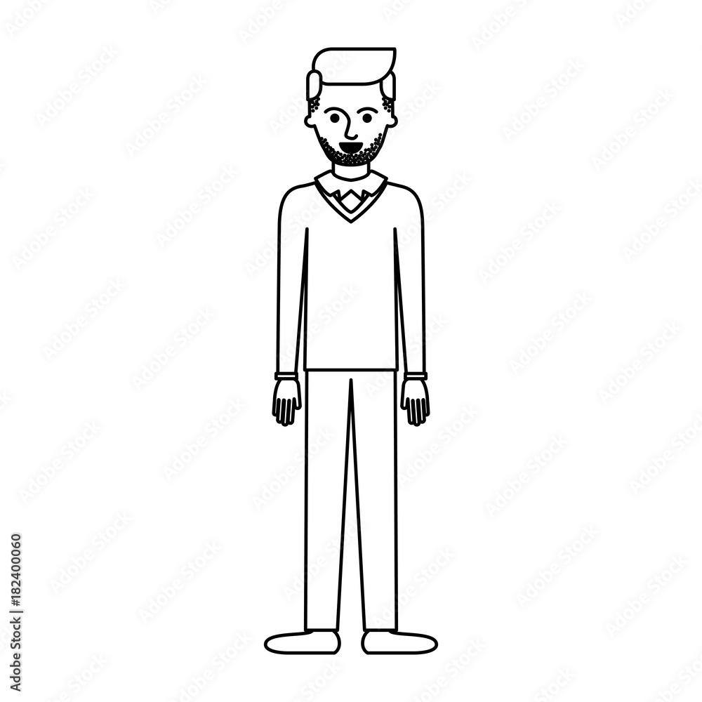 man full body with stubble beard and sweater and pants and shoes with side parted hairstyle in monochrome silhouette vector illustration man full body with stubble beard and sweater and pants and shoes with side parted hairstyle in monochrome silhouette vector illustration