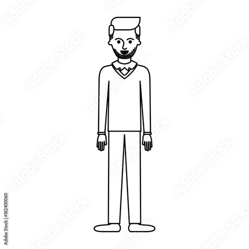 man full body with stubble beard and sweater and pants and shoes with side parted hairstyle in monochrome silhouette vector illustration