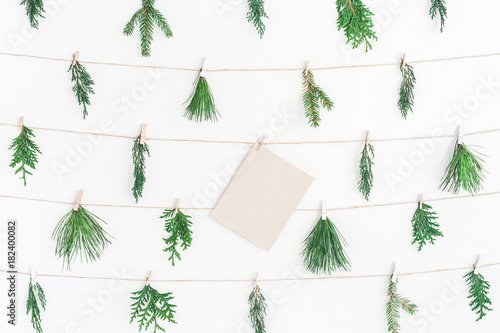 Christmas garland made of different winter plants on white background. Christmas, winter, new year concept. Flat lay, top view