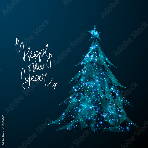 Abstract image of a Christmas tree in the form of a starry sky or space, consisting of points, lines, and shapes in the form of planets, stars and the universe. Vector happy new year nature concept.