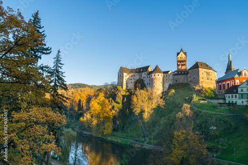 Admiring the sunset colors at the 12th Century Gothic Castle surrounded by the Ohre River, Loket Castle, Bohemia, Sokolov, Karlovarsky Region, Czech Republic