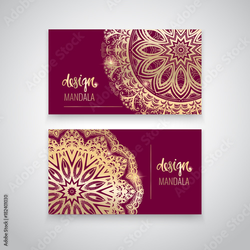 Modern template for design, beautiful Indian pattern mandala in gold color. Can be used to create business cards, invitations, for printing on phone.