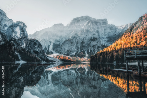 Fototapeta Naklejka Na Ścianę i Meble -  Boats on the Braies Lake ( Pragser Wildsee ) in Dolomites mountains, Sudtirol, Italy