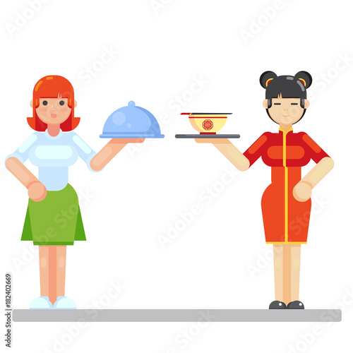 Vector colorful illustration in flat style image of a young waitress restaurant concept Irish and Chinese woman girl with tray