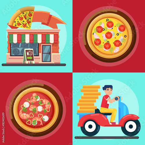 ast delivery man and pizza Vector colorful illustration in flat style Pizza shop pizzeria fast food menu illustration