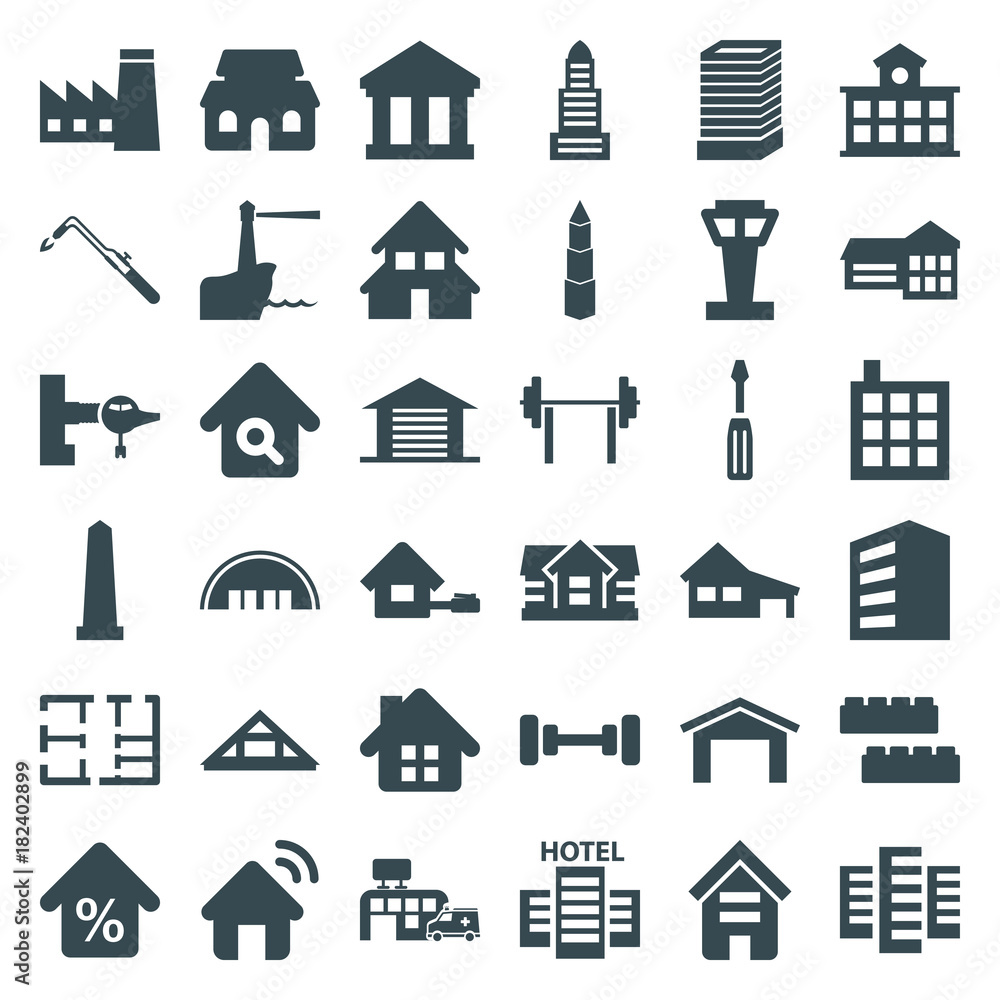 Set of 36 building filled icons