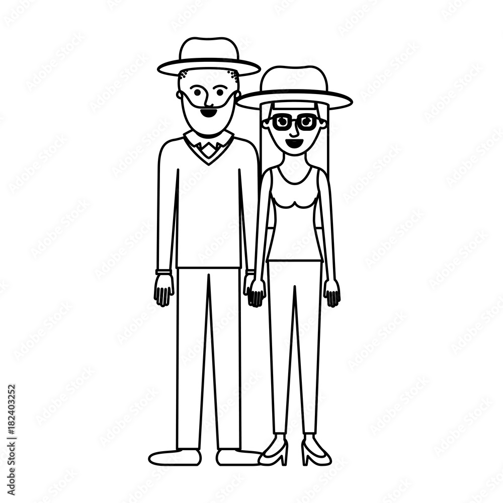 couple monochrome silhouette and both with hat and him with beard and sweater and pants and shoes and her with glasses t-shirt sleeveless and pants and heel shoes with long straight hair vector couple monochrome silhouette and both with hat and him with beard and sweater and pants and shoes and her with glasses t-shirt sleeveless and pants and heel shoes with long straight hair vector