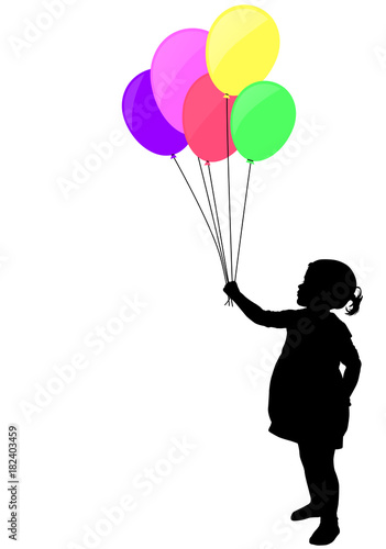 little girl holding colorful balloons silhouette - vector