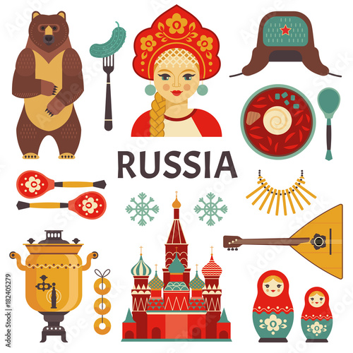 Russia icons set. Vector collection of Russian culture and nature images, including St. Basil's Cathedral, russian doll, balalaika, borscht, portrait of Russian beauty in kokoshnik. Isolated on white.