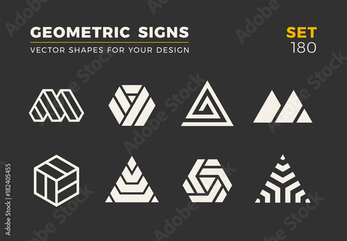 Set of eight minimalistic trendy shapes. Stylish vector logo emblems for Your design. Simple universal geometric signs collection.
