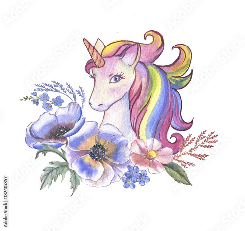 Dekoracja na wymiar  watercolor-hand-drawn-vibrant-unicorn-illustration-with-floral-bouquet-logo-isolated-drawing-of-fairy-tale-horse-for-magical-poster-banner-card