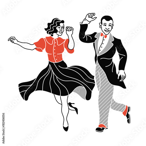Retro dance couple silhouette. Vintage silhouette dancer.Charleston  party dance vintage people isolated on white background.Elegant couple wearing 20's style clothes dancing charleston