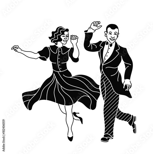 Retro dance couple silhouette. Vintage silhouette dancer.Charleston  party dance vintage people isolated on white background.Elegant couple retro style clothes dancing charleston. Black silhouette