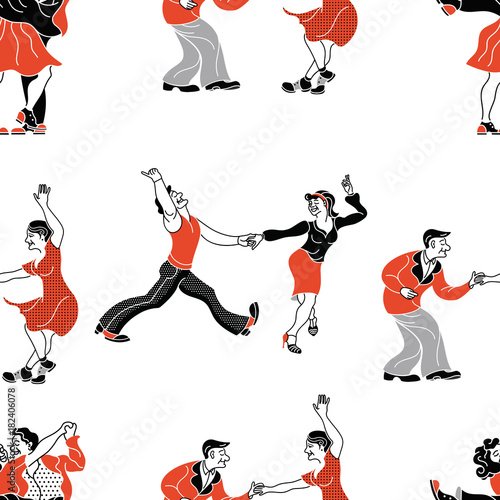 Pattern retro dance.Dance couple silhouette. Seamless retro silhouette dancer.Charleston  party dance vintage people isolated on white background