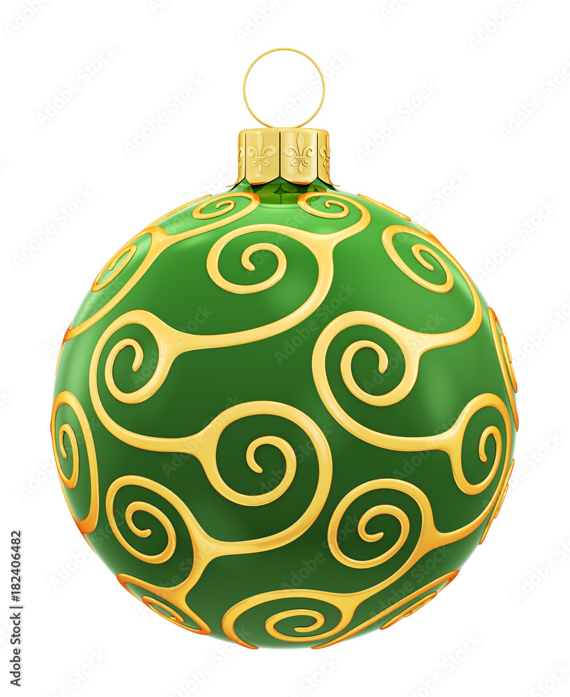 New Year. Green ball with a gold pattern on a white background. 3d rendering. New Year. Green ball with a gold pattern on a white background. 3d rendering.
