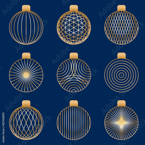 Set of linear graphic stylized golden Christmas ball toys