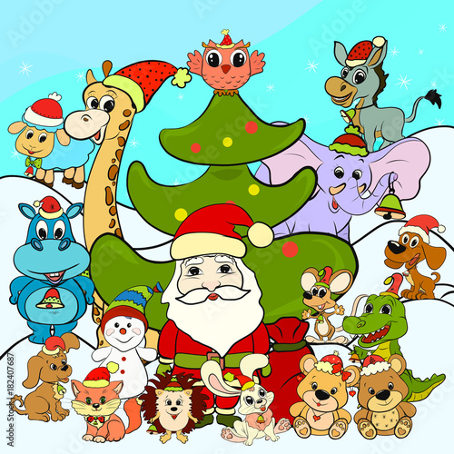 Santa Claus  Christmas tree and merry animals