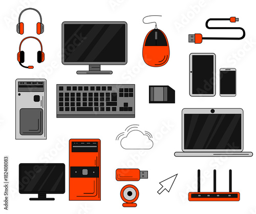 Set of computer accessories and peripheral. Big collection of smart computer accessories. Isolated on white background.