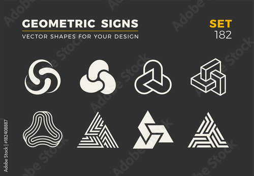 Set of eight minimalistic trendy shapes. Stylish vector logo emblems for Your design. Simple universal geometric signs collection.