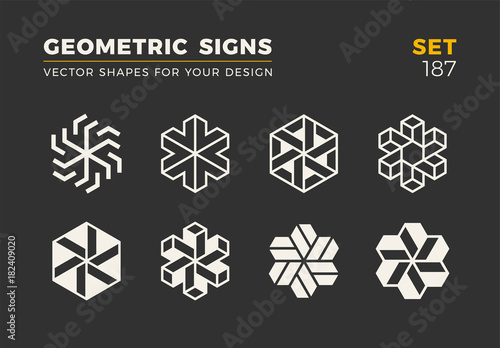 Set of eight minimalistic trendy shapes. Stylish vector logo emblems for Your design. Simple universal geometric signs collection.