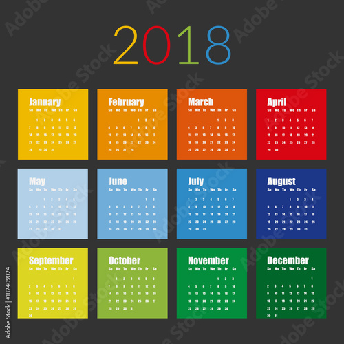 Vector  template of 2018 new year calendar in clean minimal table simple style Colorful red blue green and yellow color