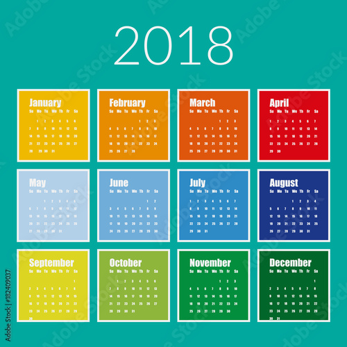 Vector  template of 2018 new year calendar in clean minimal table simple style Colorful red blue green and yellow color