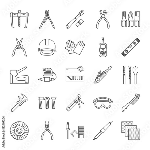 Construction tools linear icons set