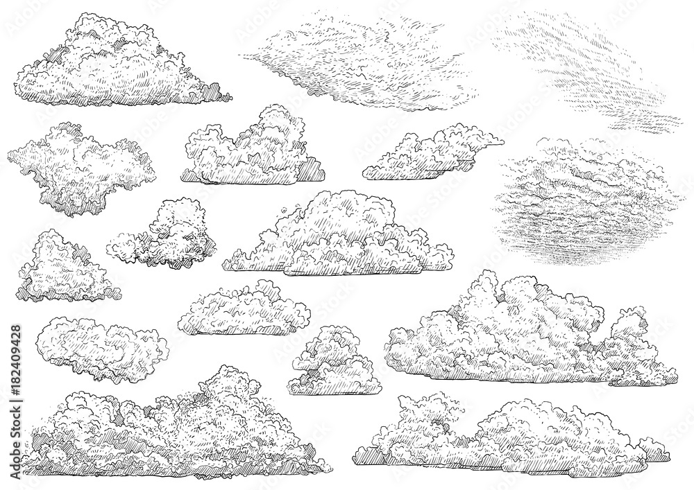 Cloud illustration, drawing, engraving, ink, line art, vector Stock